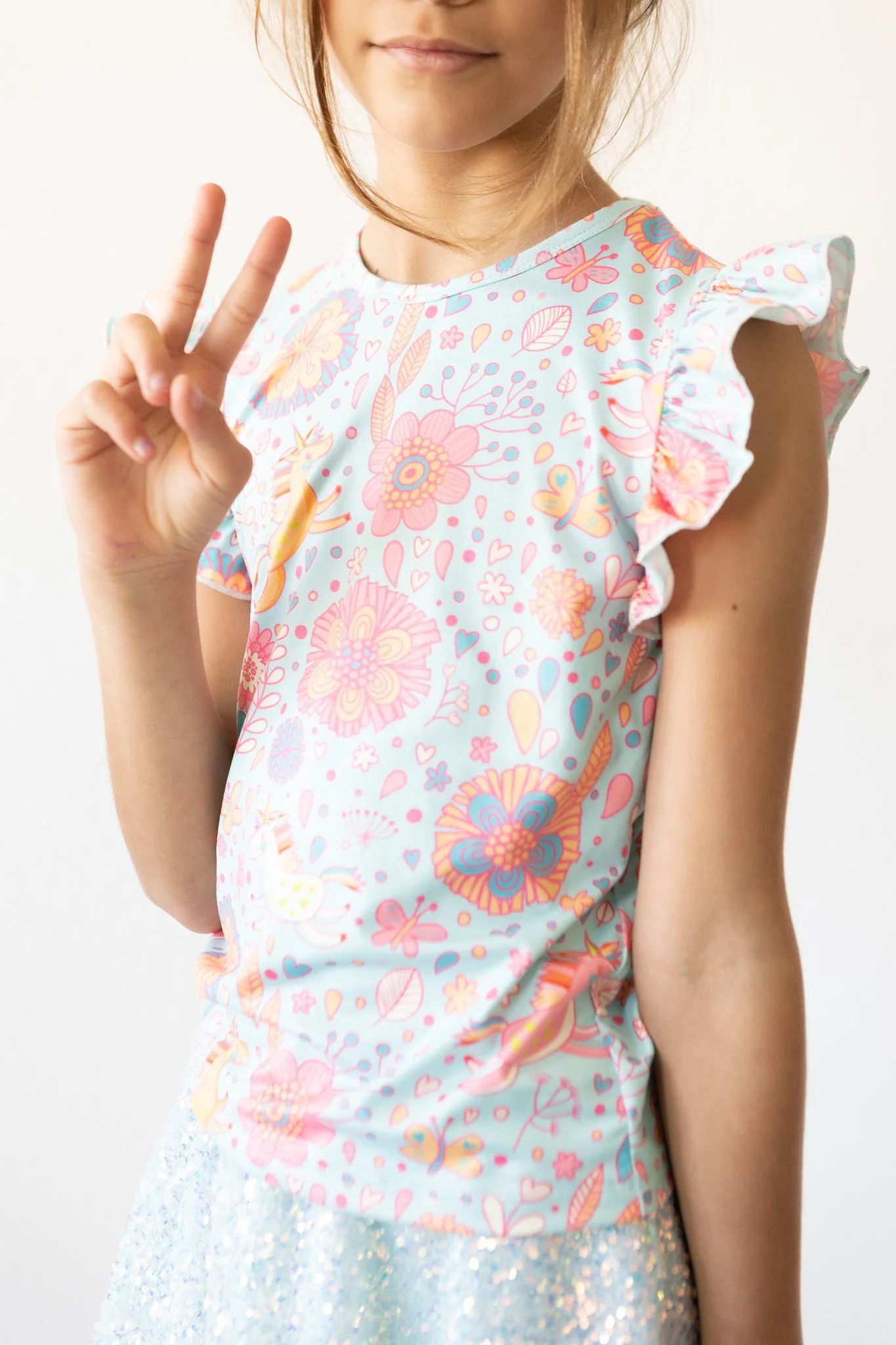 Blue Retro Unicorns S/S Ruffle Tee - Image 6